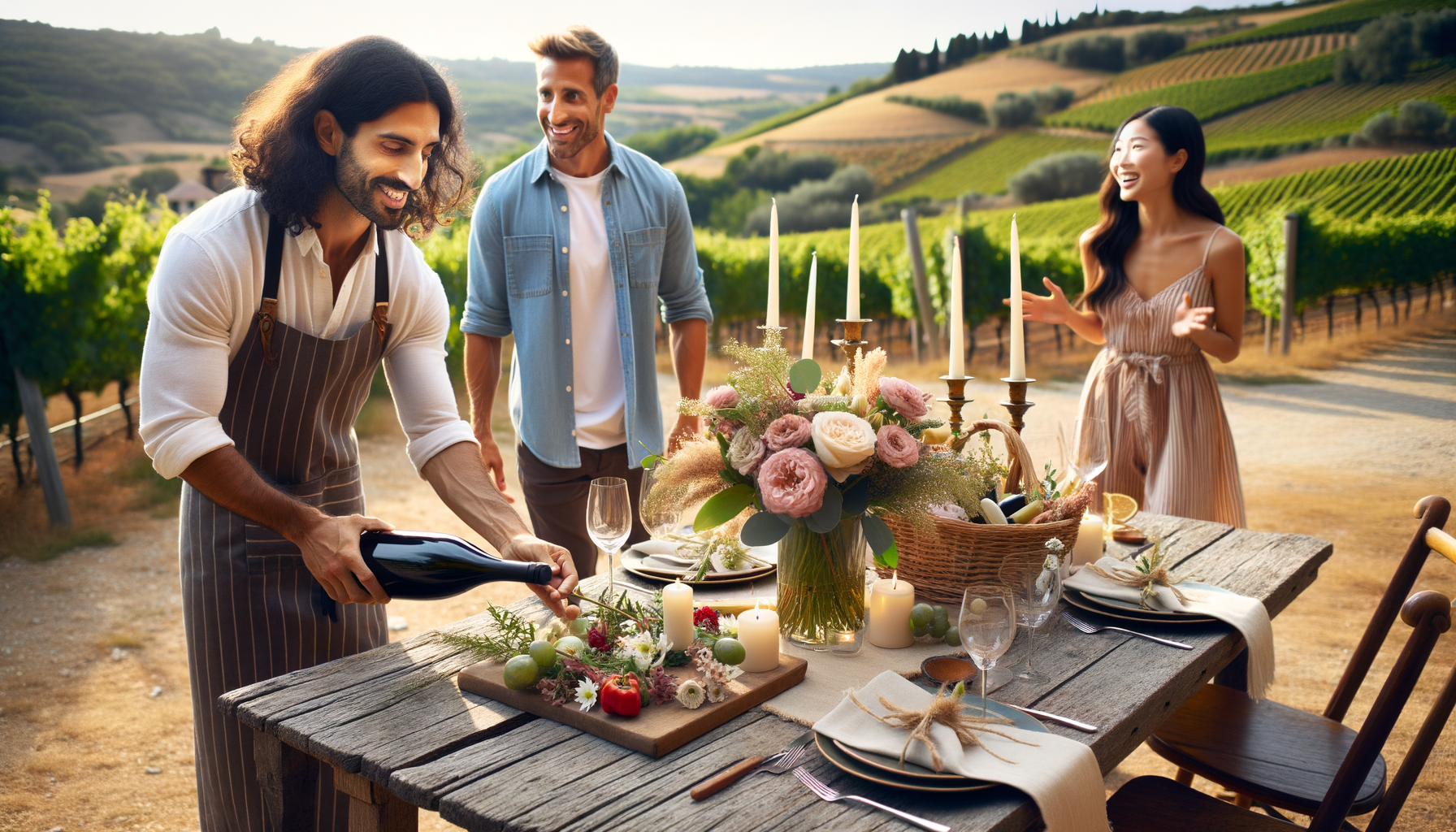 proprietario di agriturismo che accoglie coppia preparando un tavolo molto romantico grazie al Marketing agriturismo proprietario di agriturismo che accoglie coppia preparando un tavolo molto romantico grazie al Marketing agriturismo